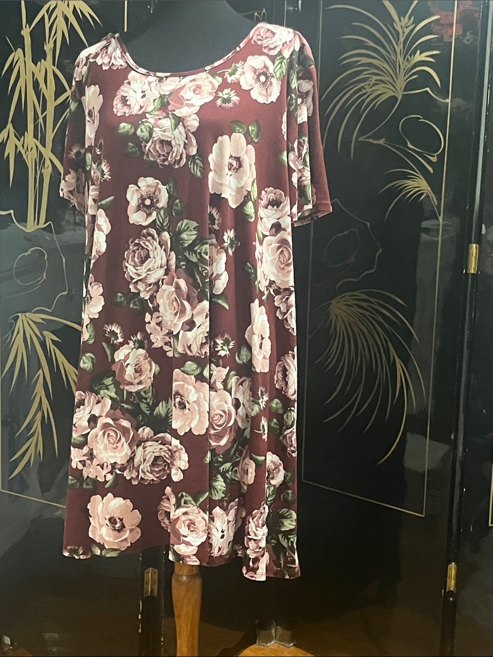 Floral Swing Dress in Burgundy with Pink Roses RE